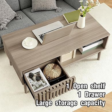Modern Farmhouse Coffee Table with Storage, Wood Grain Living Room Table with Drawer & Shelf