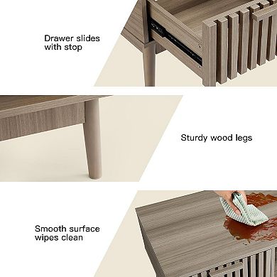 Modern Farmhouse Coffee Table with Storage, Wood Grain Living Room Table with Drawer & Shelf