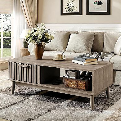 Modern Farmhouse Coffee Table with Storage, Wood Grain Living Room Table with Drawer & Shelf