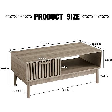 Modern Farmhouse Coffee Table with Storage, Wood Grain Living Room Table with Drawer & Shelf