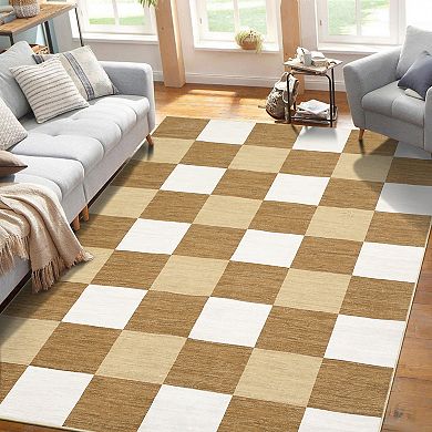 Classic Plaid Modern Rug, Minimalist Thin Carpet for Living Room Bedroom Office, Easy Clean