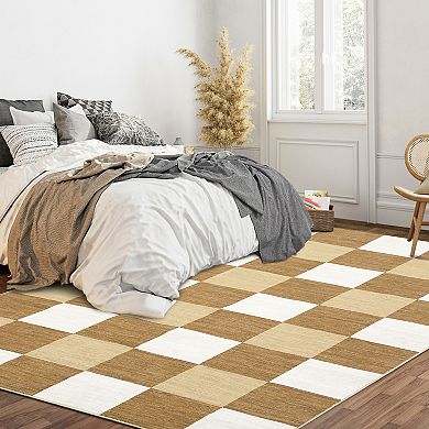 Classic Plaid Modern Rug, Minimalist Thin Carpet for Living Room Bedroom Office, Easy Clean
