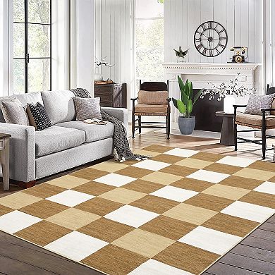 Classic Plaid Modern Rug, Minimalist Thin Carpet for Living Room Bedroom Office, Easy Clean