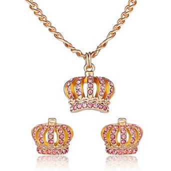 Juicy Couture Necklace and Crown Stud Earrings for Women with Pink Crystals, Gold Tone Jewelry Set