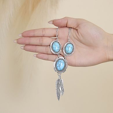 JS Jessica Simpson Turquoise & Feather Pendant Necklace in Antique Silver