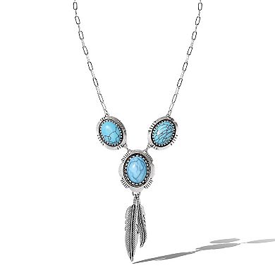 JS Jessica Simpson Turquoise & Feather Pendant Necklace in Antique Silver