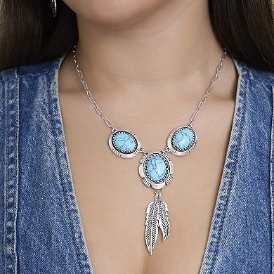 JS Jessica Simpson Turquoise & Feather Pendant Necklace in Antique Silver