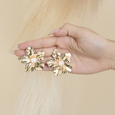 JS Jessica Simpson Statement Flower Earrings with Pearl Center in Gold-Tone