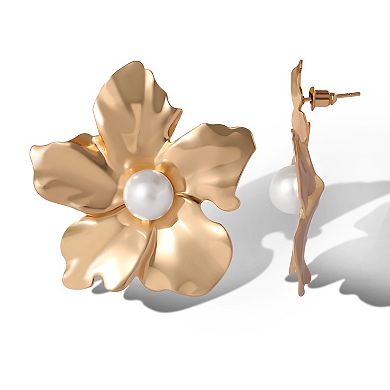 JS Jessica Simpson Statement Flower Earrings with Pearl Center in Gold-Tone
