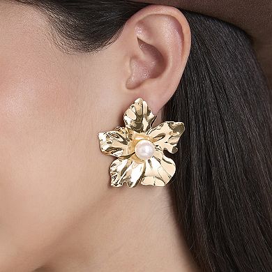 JS Jessica Simpson Statement Flower Earrings with Pearl Center in Gold-Tone