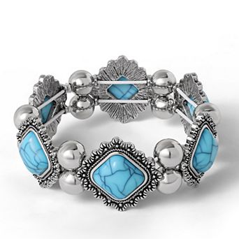 JS Jessica Simpson Turquoise and Silver Stretch Bracelet with Western Motif