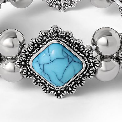 JS Jessica Simpson Turquoise and Silver Stretch Bracelet with Western Motif