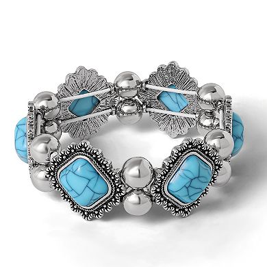 JS Jessica Simpson Turquoise and Silver Stretch Bracelet with Western Motif