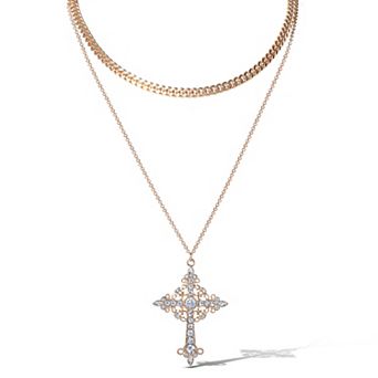 JS Jessica Simpson Gold-Tone Rhinestone Cross and Curb Chain Necklace Set