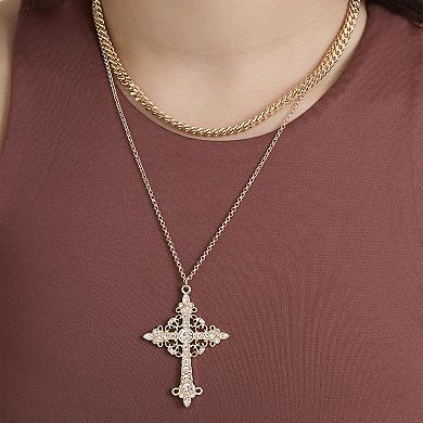 JS Jessica Simpson Gold-Tone Rhinestone Cross and Curb Chain Necklace Set