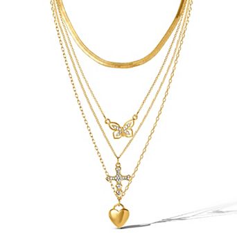 JS Jessica Simpson Layered Butterfly, Cross & Heart Pendant Necklace Set