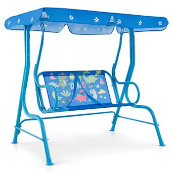 Costway 2-Seater Toddler Porch Swing Chair with Metal Stand Adjustable Canopy Safety Belt