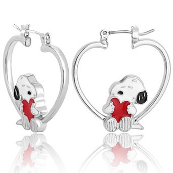Peanuts Snoopy Heart Hoop Earrings, Silver-Tone with Red Enamel