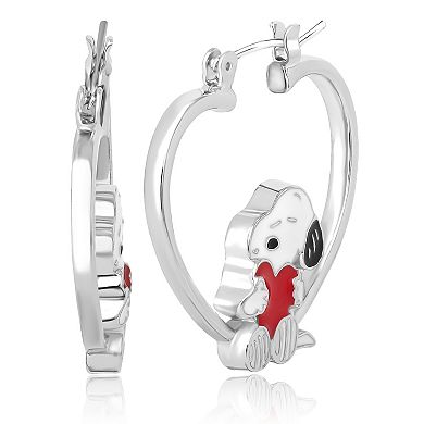 Peanuts Snoopy Heart Hoop Earrings, Silver-Tone with Red Enamel