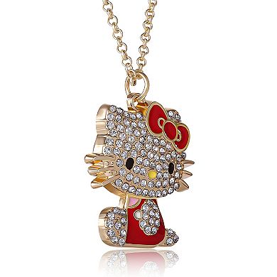 Hello Kitty Red Enamel Crystal Pendant Necklace Officially Licensed Gold Tone - Red