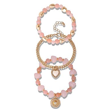 JS Jessica Simpson Set of 3 Pink and Gold-Tone Beaded Stretch Bracelets