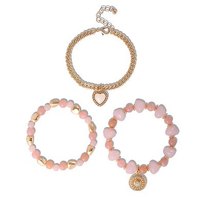 JS Jessica Simpson Set of 3 Pink and Gold-Tone Beaded Stretch Bracelets