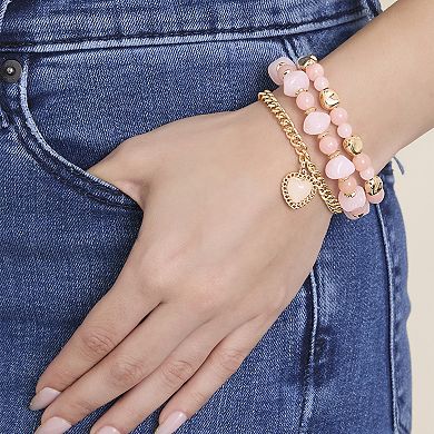JS Jessica Simpson Set of 3 Pink and Gold-Tone Beaded Stretch Bracelets