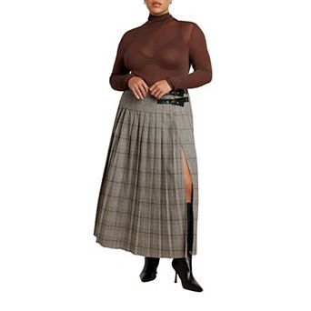 ELOQUII Women's Plus Size Maxi Pleated Skirt With Buckle Detail And Slit