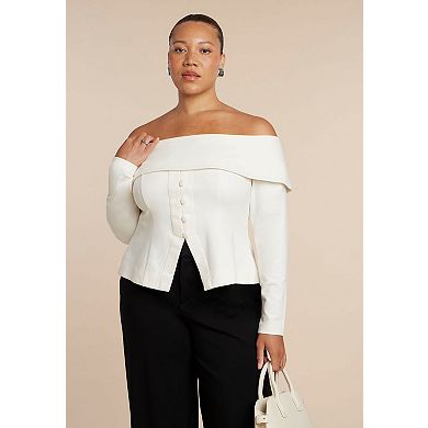 ELOQUII Women's Plus Size Fold Over Top With Front Button Detail