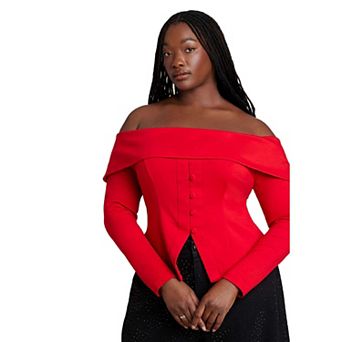 ELOQUII Women's Plus Size Fold Over Top With Front Button Detail