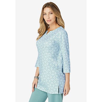 Roaman's Women's Plus Size Three-Quarter Sleeve Notch Neck Soft Knit Tunic
