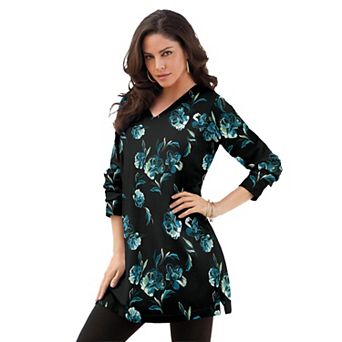 Roaman's Women's Plus Size Cotton Ultimate Long Sleeve V-Neck Tunic