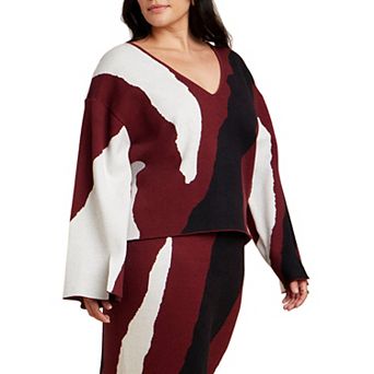 ELOQUII Women's Plus Size V Neck Intarsia Sweater