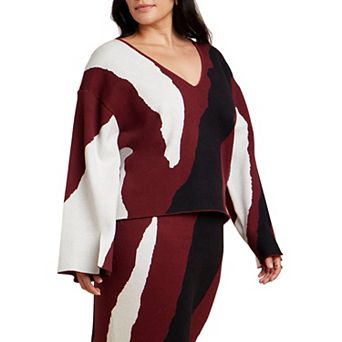 ELOQUII Women's Plus Size V Neck Intarsia Sweater