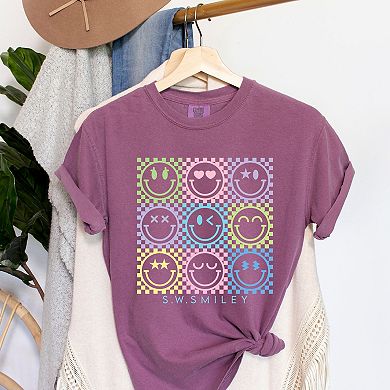 S.W.Smiley Checkered Neon - Women's Garment Dyed Graphic T-Shirt