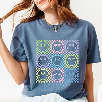 S.W.Smiley Checkered Neon - Women's Garment Dyed Graphic T-Shirt