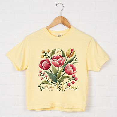 Bloom Tulips Faux Texture - Women's Boxy Crop Top Graphic T-Shirt