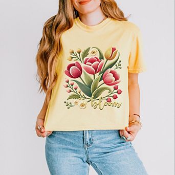 Bloom Tulips Faux Texture - Women's Boxy Crop Top Graphic T-Shirt