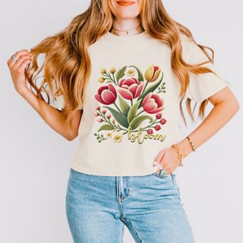 Bloom Tulips Faux Texture - Women's Boxy Crop Top Graphic T-Shirt