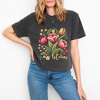 Bloom Tulips Faux Texture - Women's Boxy Crop Top Graphic T-Shirt
