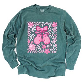 Breast Cancer Boxing Gloves - Women's Garment Dyed Long Sleeve Graphic T-Shirt