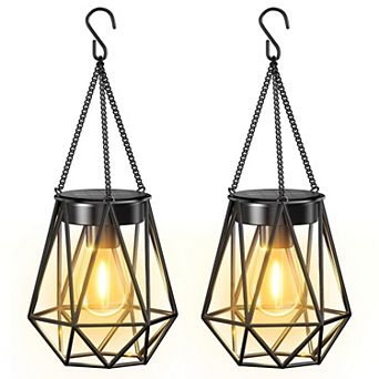 2 Pack Hanging Solar Lanterns Outdoor Waterproof Metal Lights for Garden Patio Yard Decor