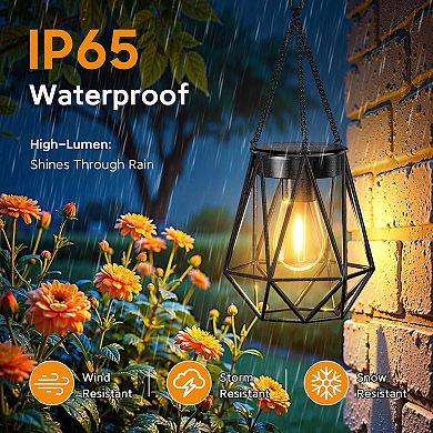 2 Pack Hanging Solar Lanterns Outdoor Waterproof Metal Lights for Garden Patio Yard Decor