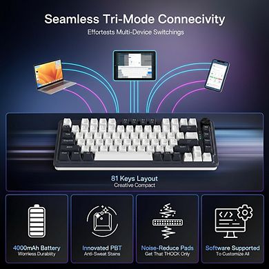 81 Key Compact Mechanical Keyboard with Three Modes Hot Swappable and Dedicated Knob