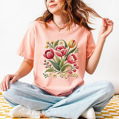 Bloom Tulips Faux Texture - Women's Garment Dyed Graphic T-Shirt