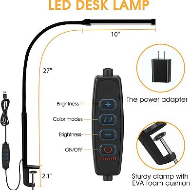 LED Desk Lamp with Clamp 3 Modes 10 Brightness Flexible Goose Neck Eye Caring