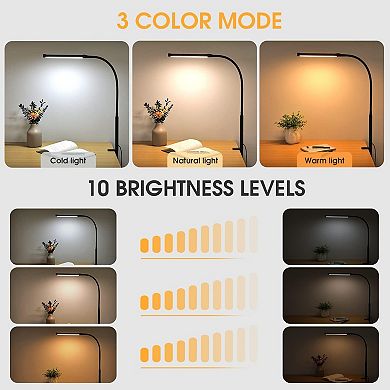 LED Desk Lamp with Clamp 3 Modes 10 Brightness Flexible Goose Neck Eye Caring