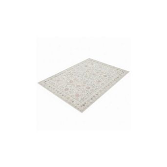 5'x7' Washable Area Rug, Low-Pile Faux Wool, Vintage Floral, Non-Slip, Beige