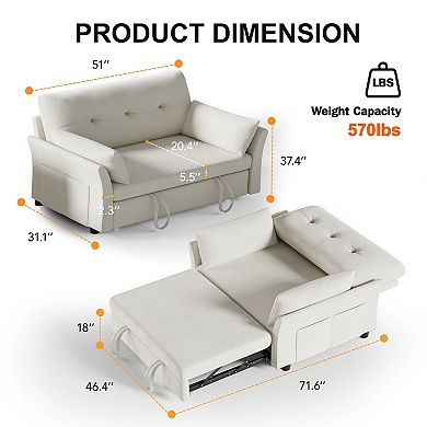 3 in 1 Pull Out Couch, Convertible Sofa Bed, Loveseat Sleeper with Reclining Backrest & Side Pocket