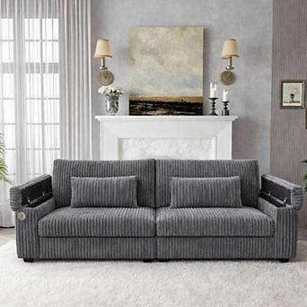 91" Corduroy 2-Seater Sofa with Storage Armrests, Cup Holders, Side Pockets & Comfort Lumbar Pillows
